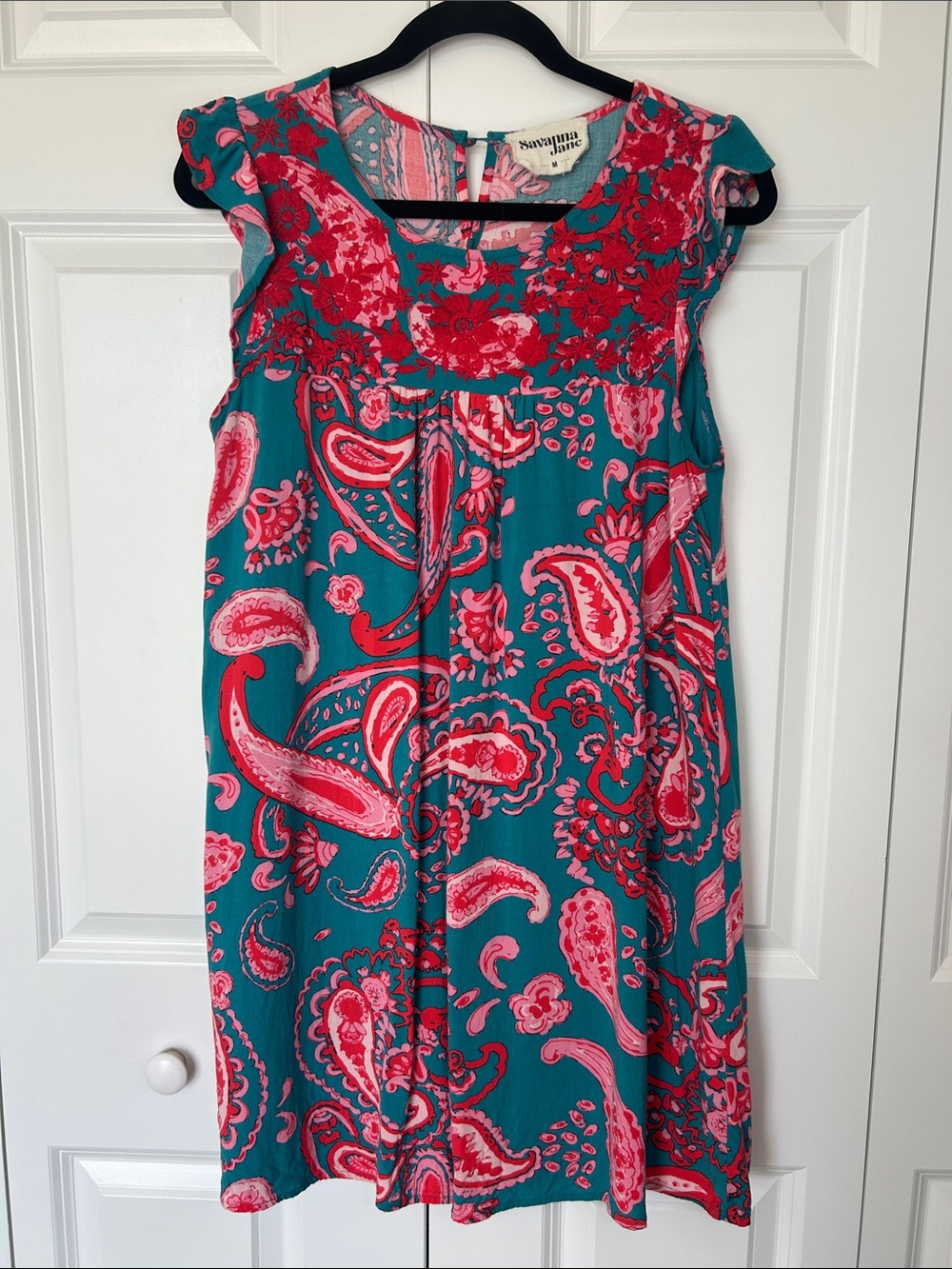 Savanna Jane Teal Dress with Pink Paisley Print